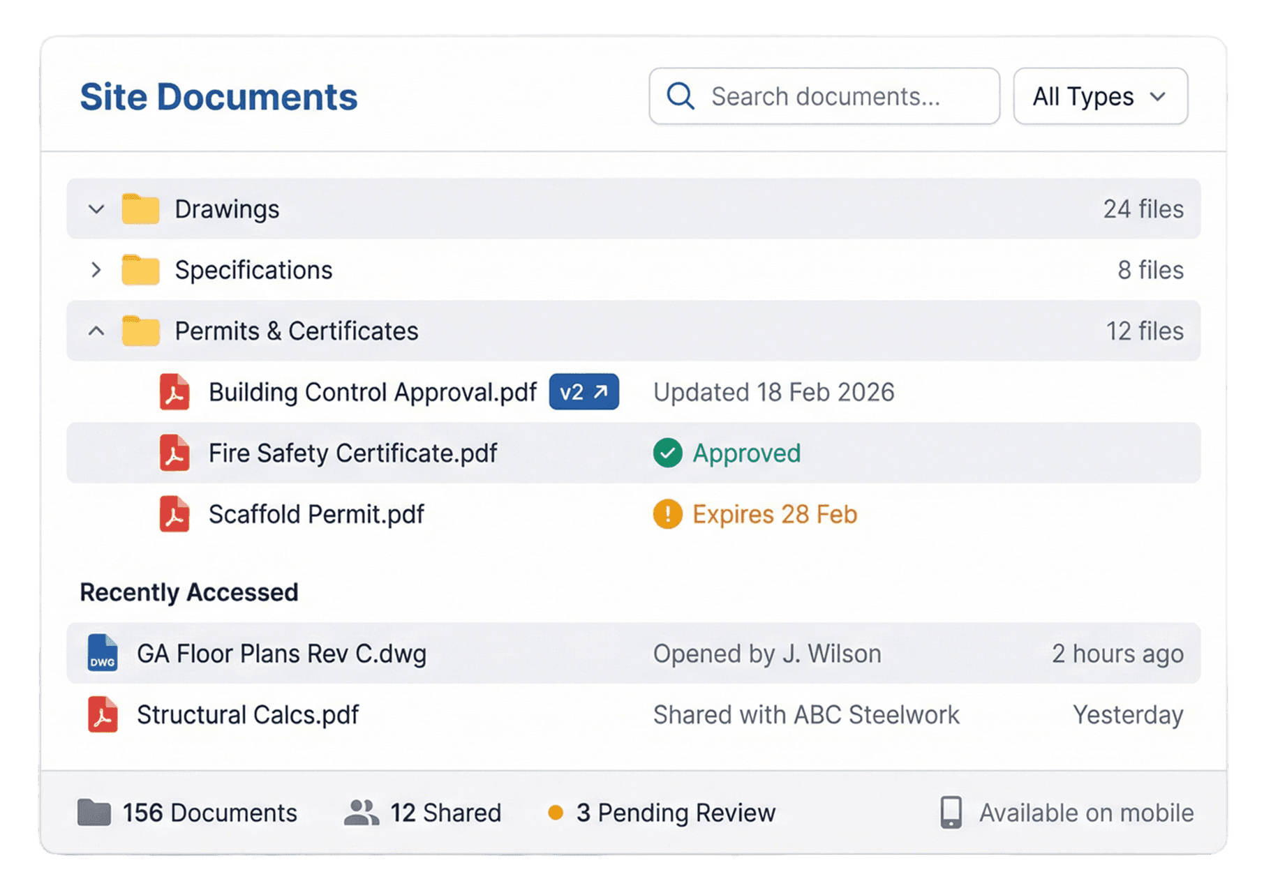 Construction document management software showing drawings, permits, version control, and mobile access