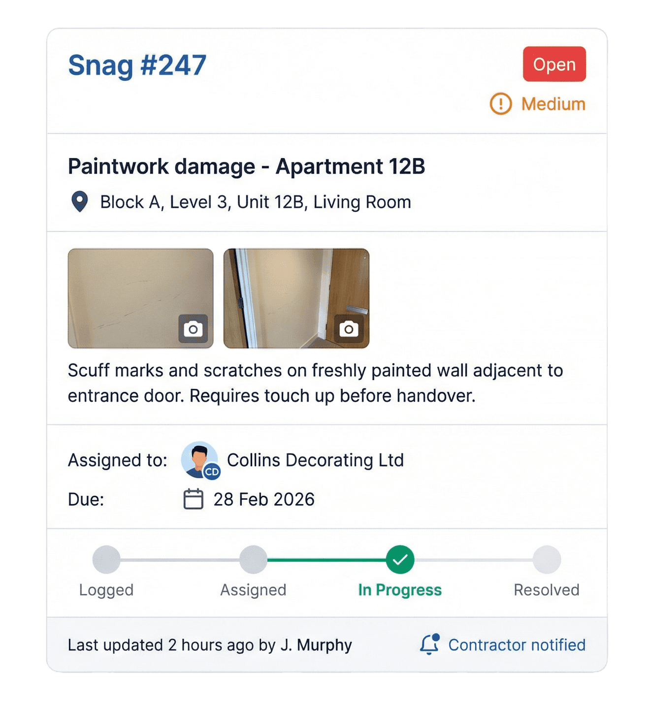 Snagging and defect management software showing defect logging with photos, trade assignment, deadline tracking, and progress status