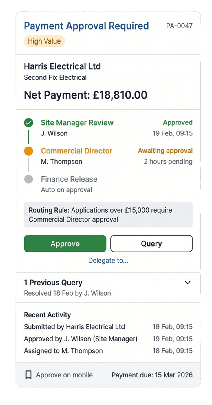 Payment approval workflow software showing value based routing, multi-stage approvals, and complete audit trail