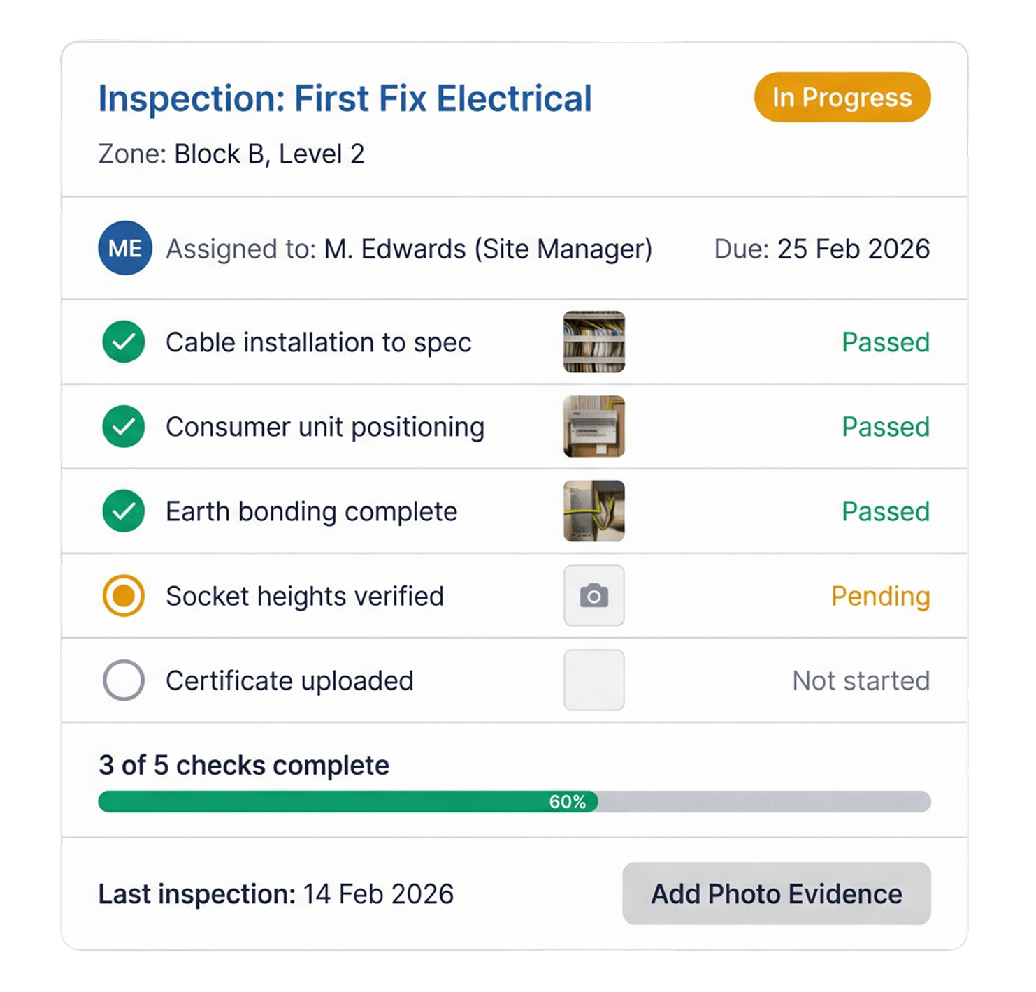 Quality control inspection software showing custom checklists, photo evidence requirements, and real time status tracking
