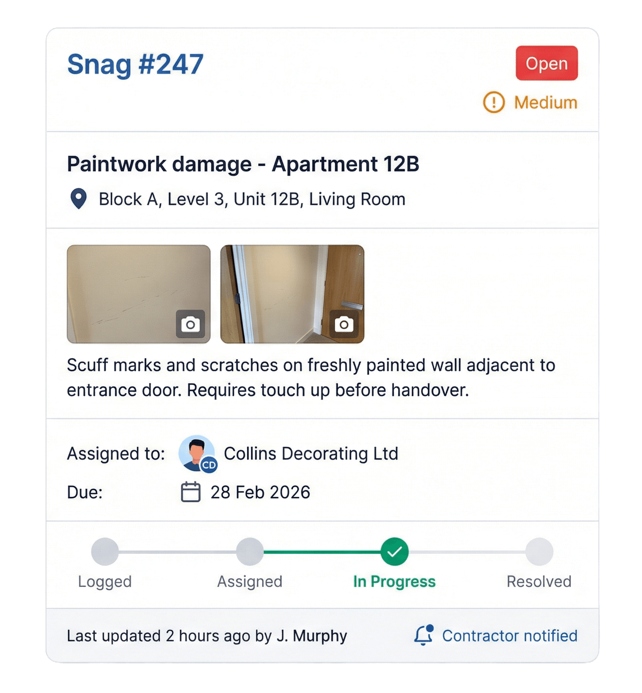 Snagging and defect management software showing defect logging with photos, trade assignment, deadline tracking, and progress status