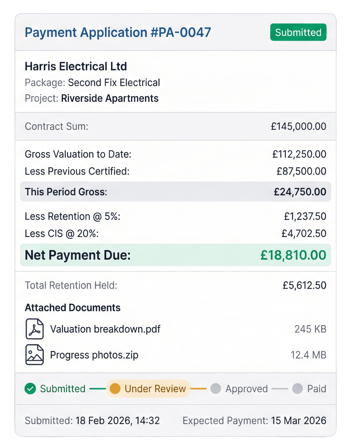 Subcontractor payment application software showing gross valuation, retention, CIS deductions, and document uploads